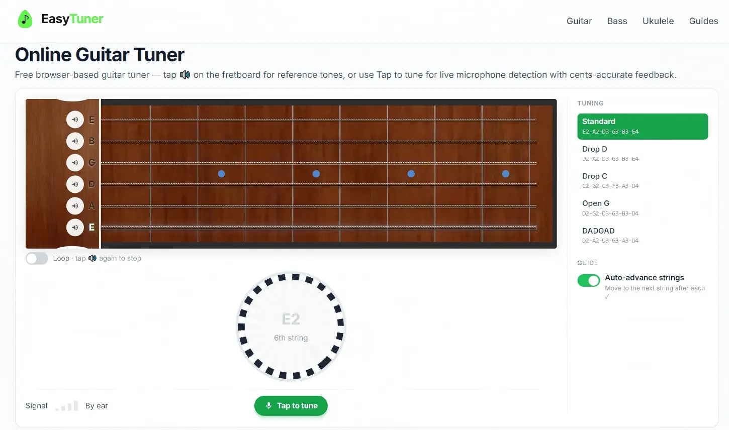 EasyTuner home page showing the guitar fretboard, tuning chart, Tap to tune button, and strobe dial